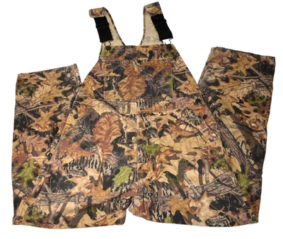 Macacão Vintage Mossy Oak Bib Grande Folhagem Completa Camuflagem Fabricado nos EUA Caça 36x32 - Imagem 1 de 4