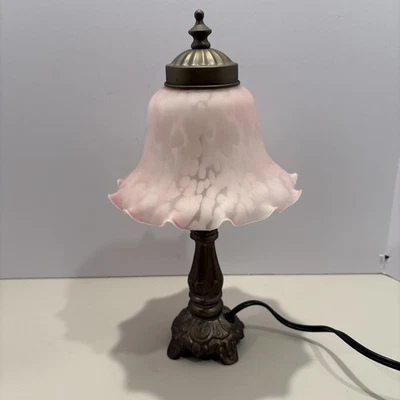 Vintage Bronze Tiffany Style Accent Pink Splatter Bell Shade 13". L-9 - Image 1 of 4