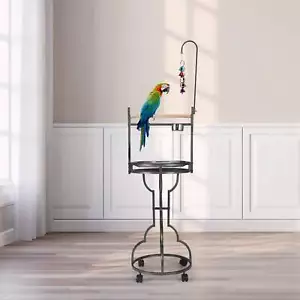 72" Large Black Parrot Wood Perch - With Tray, Bowls, Toy Hook & Wheels - Picture 1 of 17