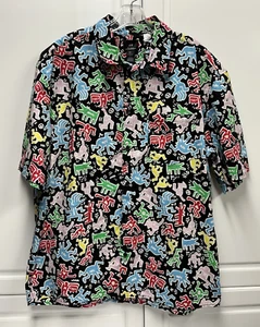 NWT - H&M x KEITH HARING Dancing Man AOP Black Button Shirt - Large Relaxed Fit - Picture 1 of 9