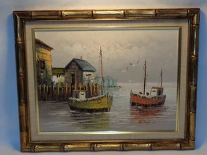 VTG HARBOR SHIP OIL PAINTING MARITIME BOAT NAUTICAL SEASCAPE FAUX BAMBOO FRAME - Picture 1 of 12