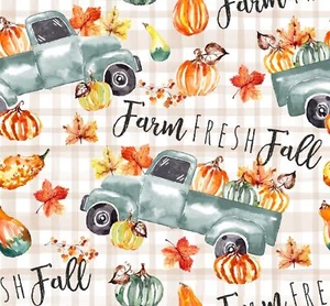 Fall Fabric | Springs Farm Fresh Blue Pickup Truck Pumpkin Plaid | YARD - Picture 1 of 1