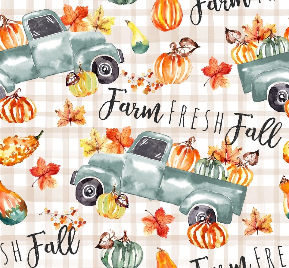 Fall Fabric | Springs Farm Fresh Blue Pickup Truck Pumpkin Plaid | YARD - Image 1 of 1