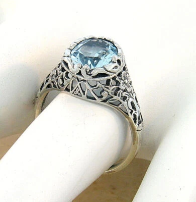 2 CT GENUINE SKY BLUE TOPAZ 925 STERLING SILVER NOUVEAU ANTIQUE STYLE RING  695X - Image 1 of 3