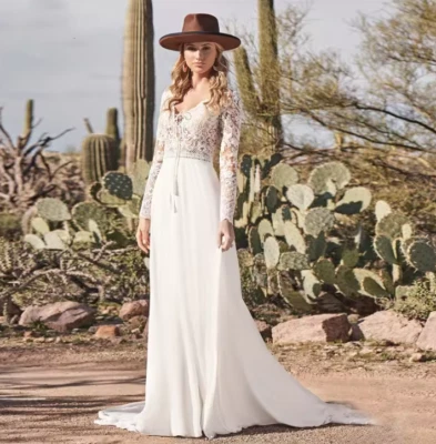Customized Boho Wedding Dresses Bride Lace Appliques A-Line Chiffon Long Sleeves - Image 1 of 4