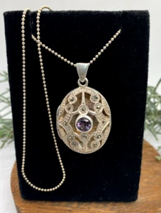 Vintage Thai 925 marcasite amethyst filigree locket, 925 bead ball chain, 20" - Picture 1 of 12