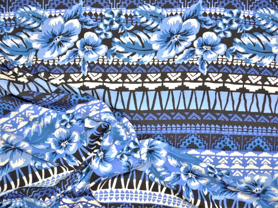 Tela de ropa de rayón Challis tropical floral azul azteca negro blanco F500 Foto 1 de 1