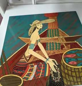 Bellissimo quadro vintage vietnamita lacca donna pesce e pieno di colori - Foto 1 di 6