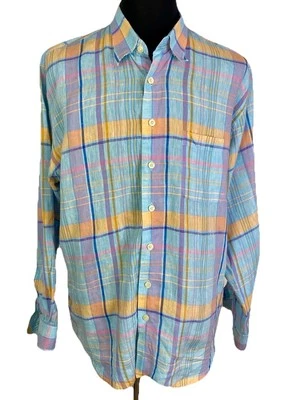 Mine Shirt Mens XL Madras Plaid 100% Linen Lightweight Hidden Button Down - Image 1 of 4