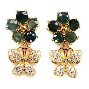 925 Sterling Silver 3 MM. Green Sapphire & White Zircon Gift For Her Earrings - Picture 1 of 4