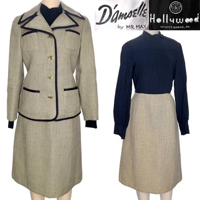 1960-х 1970-х годов винтажное платье + куртка костюм комплект D'Amselle Mr Max бежевый синий твид 12 - Изображение 1 из 4