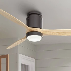 52" Modern Indoor Hugger Ceiling Fan LED Light Remote Black Natural Living Room - Picture 1 of 8