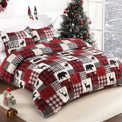 Queen Christmas Duvet Cover Set Reversible Reindeer Plaid Bedding Soft Holiday - Image 1 of 4