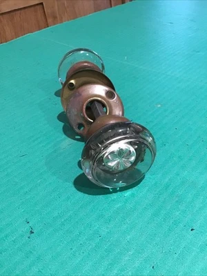 Vtg Antique Smooth Glass Beveled Edge Door Knob  w/ Rosette Brass Collar (D) - Image 1 of 4