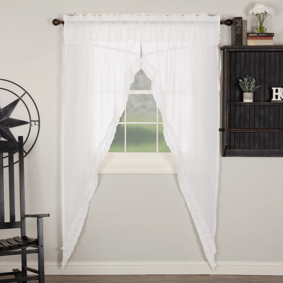 VHC BRAND White Ruffled Sheer Petticoat Set of 2 Prairie Panel 61665