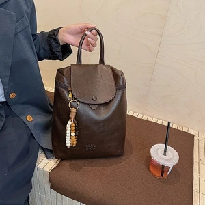 Vintage PU Leather Backpack Women Retro Shoulder Travel Bag with Bead Charm - Picture 1 of 11