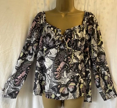 Next Floral Butterfly Milkmaid Size 20 Gypsy Elasticated Tie Long Sleeved Top - Image 1 of 4