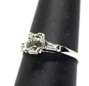 VINTAGE GIA CERTIFIED EMERALD CUT DIAMOND IN PLATINUM ENGAGEMENT RING - Picture 1 of 4