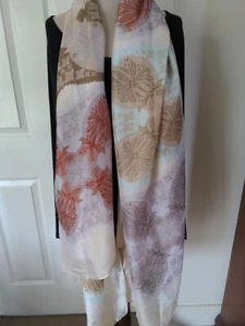 100% Silk Chiffon Satin Scarf Rectangular Pastel Hues Mint Rust Lilac On Cream - Picture 1 of 10