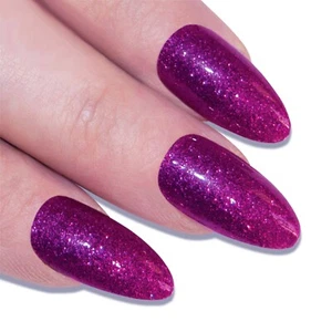 False Press-On Nails Medium Almond Purple VIOLET SHIMMER 24pk + nail tabs BN984 - Picture 1 of 6