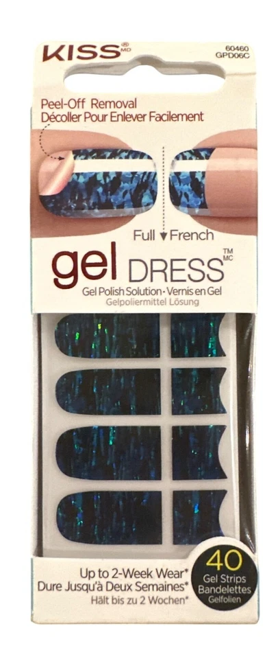 Vestido Kiss Gel 40 Tiras/Pegatinas Uñas Completo/Francés Negro+Azul+Acento Irridiscente Foto 1 de 1