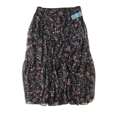 NUEVO CON ETIQUETAS LAUREN Ralph Lauren Midi en Niveles en Negro Floral Georgette Falda Campesina 10 Foto 1 de 4