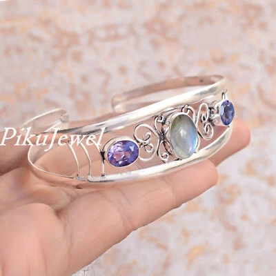 Labradorit & Amethyst Schliff Edelstein 925 Sterling Silber Manschette Glänze... - Bild 1 von 4