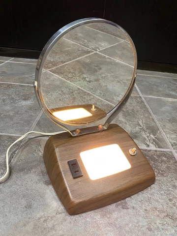 Vintage Wood Grain Makeup Mirror Lighted Vanity Lamp - Retro Round MCM Cover
