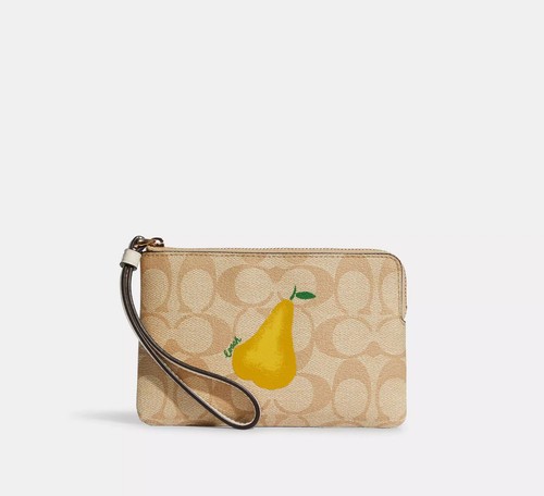 Portafoglio COACH Angolo Zip Polso Pochette Giallo Stampa Pera Firma Tela Nuovo con etichette