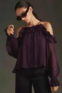 Blusa By Anthropologie transparente con volantes púrpura oscuro para mujer talla mediana/j2 - Imagen 1 de 8