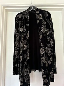 Vikki Vi Jacket Black Tan Slinky Travel Knit Floral Button Front Long Stretch-2X - Picture 1 of 4