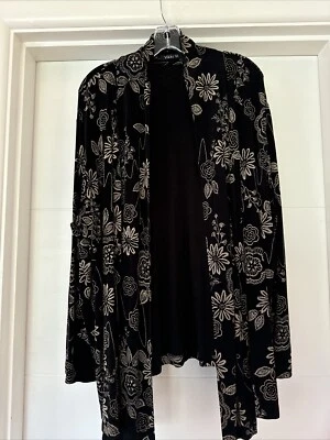 Vikki Vi Jacket Black Tan Slinky Travel Knit Floral Button Front Long Stretch-2X - Image 1 of 4