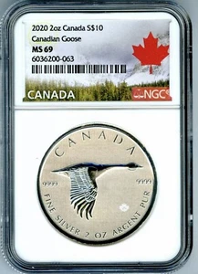 2020 $10 CANADA 2 OZ .9999 SILVER FLYING CANADIAN GOOSE NGC MS69 - EXTRA THICK  - Picture 1 of 2