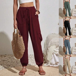 Women Casual Baggy Cargo Jogging Pants Drawstring Summer Sport Trousers Bottoms - Picture 1 of 21