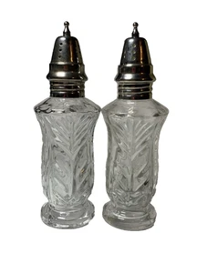 Vtg Fifth Ave Lead Crystal Salt & Pepper Shakers Silver Lids 5 1/4" - Picture 1 of 12