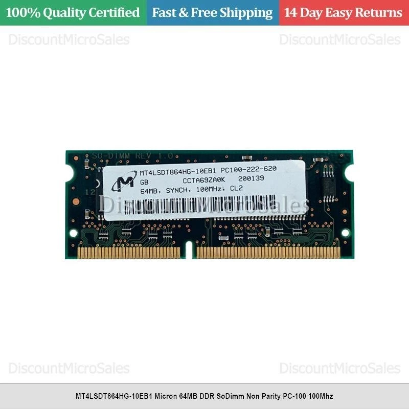 MT4LSDT864HG-10EB1 Micron 64MB DDR SoDimm Non Parity PC-100 100Mhz - Image 1 of 1