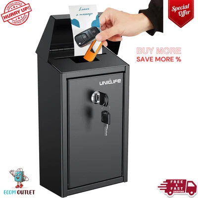 Black Metal Locking Donation Box Wall Mount Mail Cash Drop Box safe - Image 1 of 4