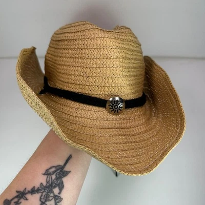 Straw Cowboy Hat with Black Cord and Silver Sun burst Accent - Image 1 of 4