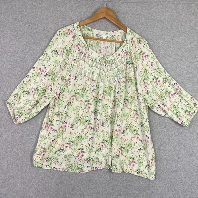 Top Rosa y Oliva Mujer 2X Verde Floral Crochet Ribete 1/4 Botón Arruga Carrera Foto 1 de 4