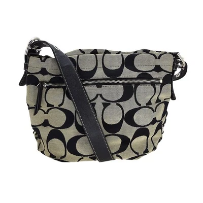 蔻驰 C Monogram Signature Duffle 黑色米色帆布皮革装饰单肩包钱包 — 第 1/4 张图片