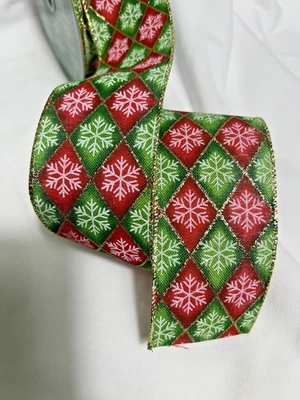 10 Yards 2.5 Inch Wired Ribbon Christmas Diamond Check Red Green Snowflakes - Image 1 of 2