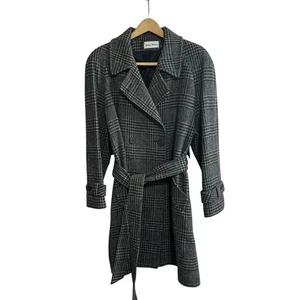 Vintage John Weitz Pure Wool Belted Winter Coat Women XL Gray Black Plaid EUC - Picture 1 of 16