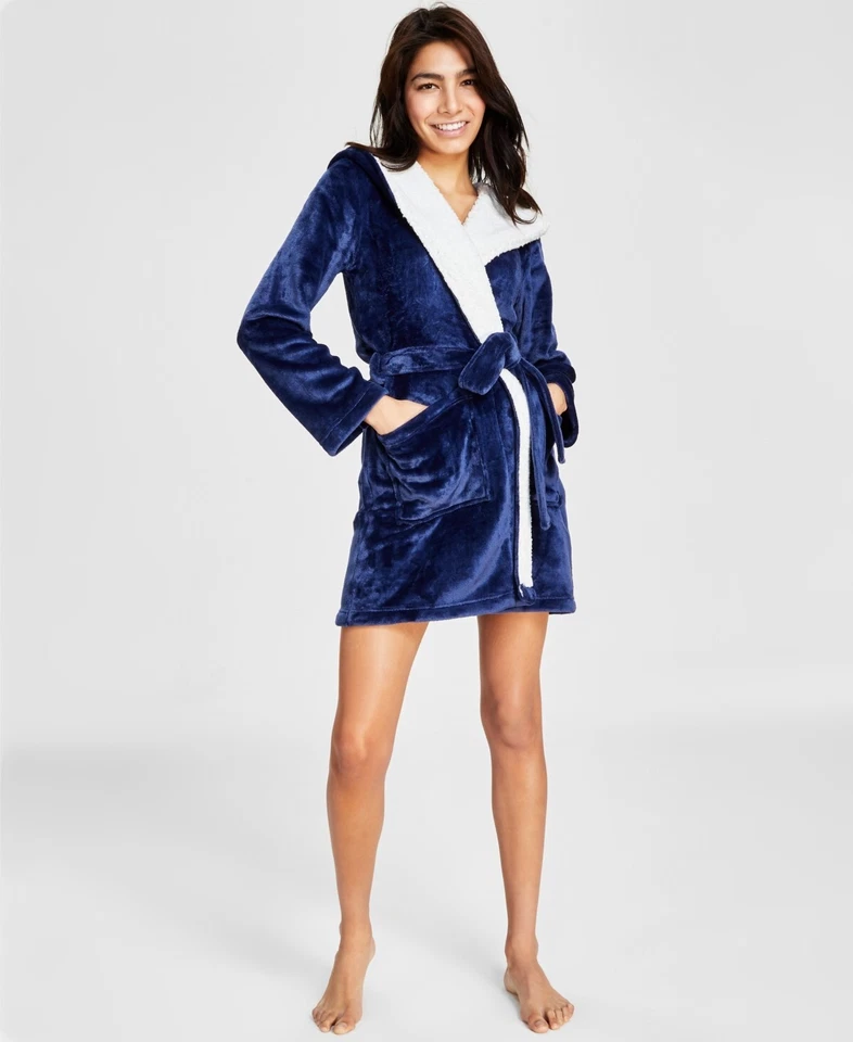 Womens Short Sherpa Hooded Robe Good Night Blue Size XS/S JENNI -