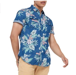 SUPERDRY Mens Denim Loom Hawaiian Short Sleeve Shirt - size M - RRP $89.95 - Picture 1 of 7