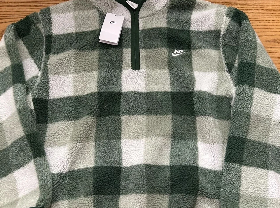 Size Small - Men’s Nike Sherpa 1/2 Zip Pullover Jacket Green Plaid FZ0896-323