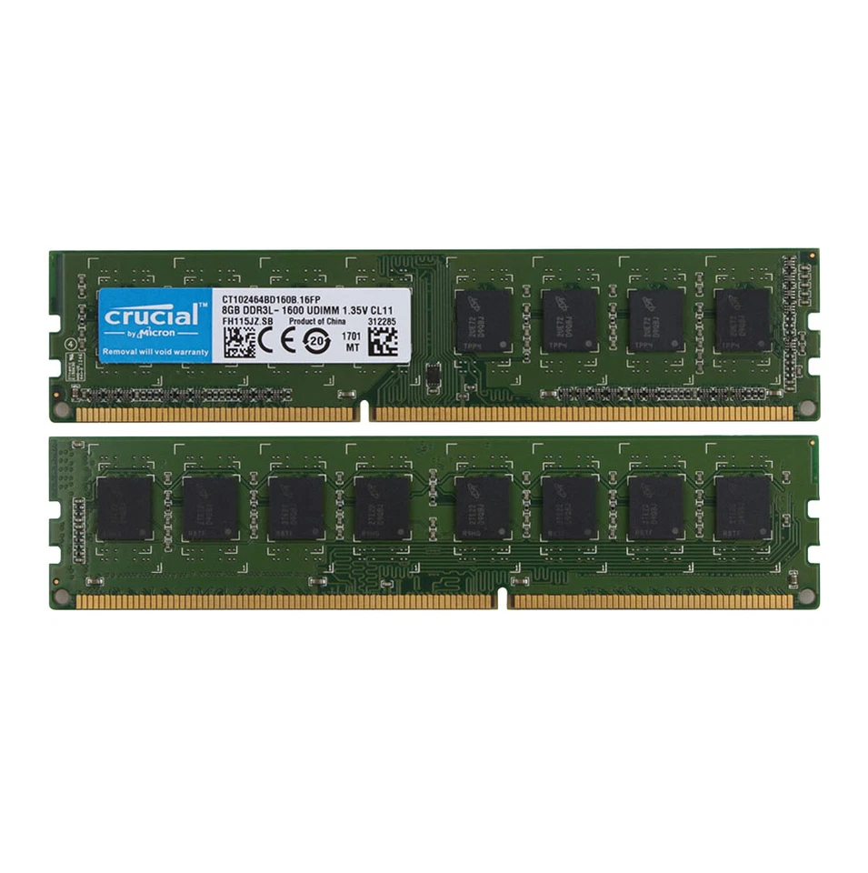 16GB Crucial 2X 8GB PC3L 12800U 2RX8 DDR3 1600MHz 1.35V DIMM Desktop Memory RAM# - Image 1 of 4