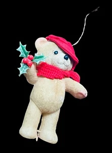 Vintage 80s BLOW MOLD Christmas bear flocked/Holly/scarf/cap Ornament 4” - Picture 1 of 7