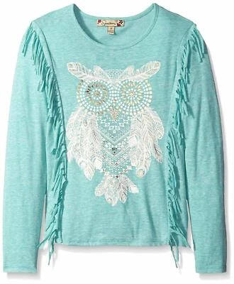 Speechless Girls Big Embellished Smart Spark Owl Long Sleeve Fringe Top, Jade, L - Image 1 of 2