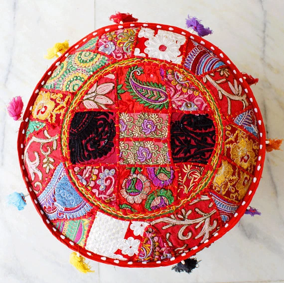 INDIAN HANDMADE COTTON PATCHWORK POUFS COVER VINTAGE OTTOMAN ROUND POUF ETHNIC - Image 1 of 1