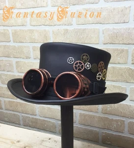 Steampunk Hat Cyber Goggles Gears Futurist Industrial Leather Top Hat - Picture 1 of 7